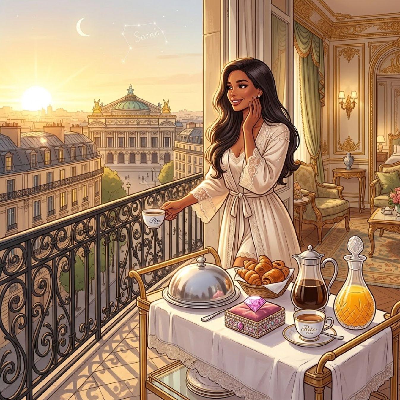 Rita in ihrem manifestierten Wunschleben auf einem Balkon in Paris